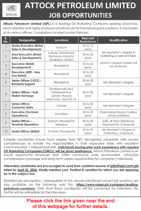 Attock Petroleum Limited Jobs Advertisement